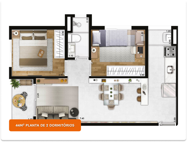 44m2 planta de 2 dormitórios