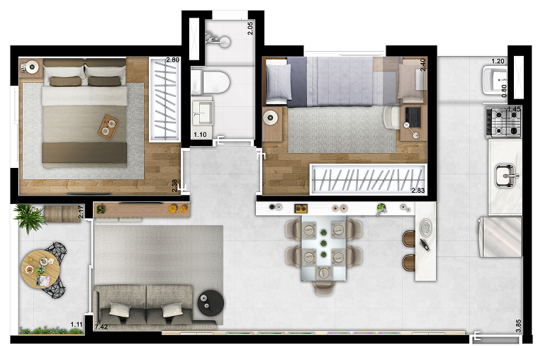 44m2 planta de 2 dormitórios